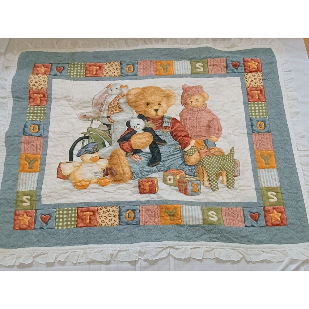 Vintage Blue Jean Teddy Bear Toys Baby Comforter Reversible Blanket Quilt 42x32